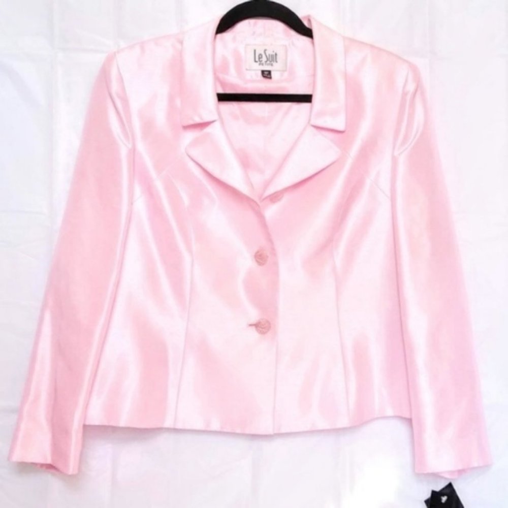 NWT Le Suit Satin Pink Blazer Skirt Set 16 P - Picture 2 of 8